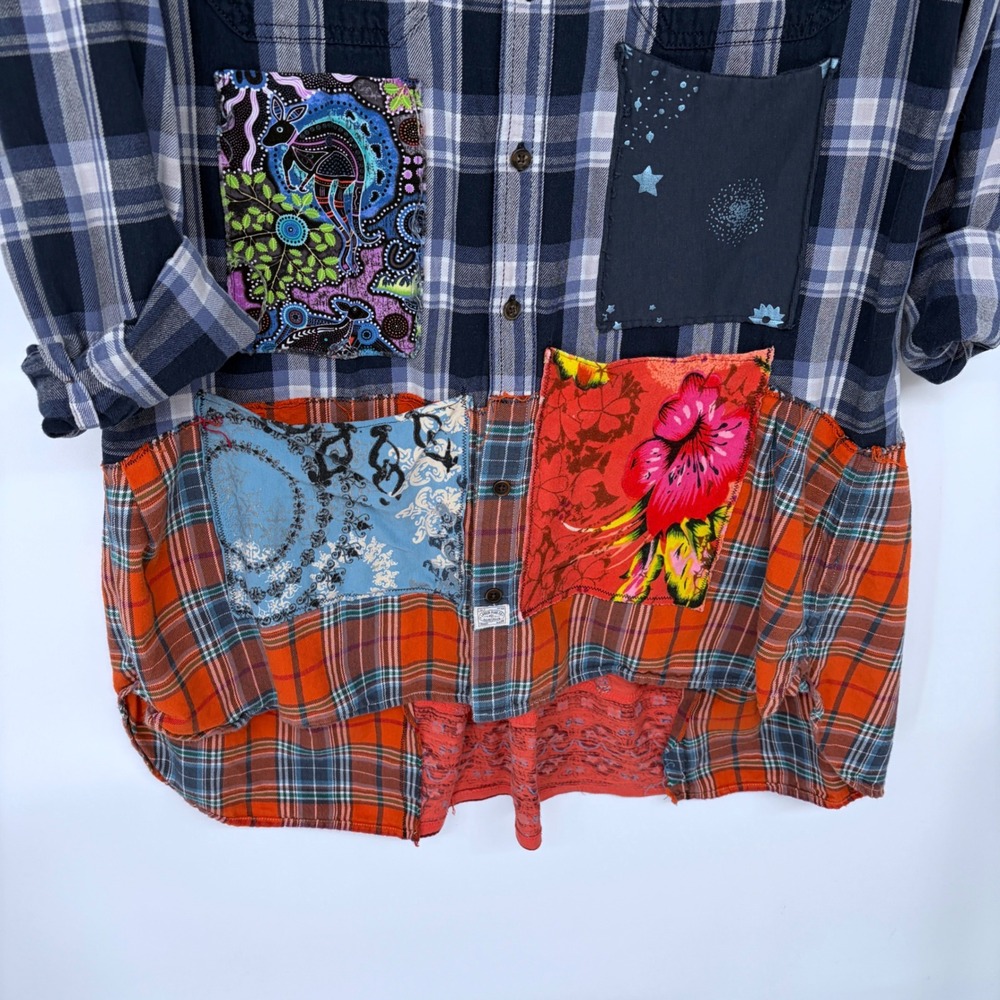 Paula Best Upcycled Art Wear Shirt XL Women's Patchwork Plaid Art Teacher Boho - Picture 3 of 6